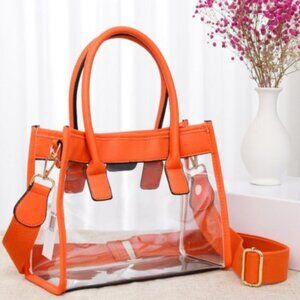 NWT Orange Clear Crossbody Tote Bag with Vegan Leather Trim | Stadium Approved